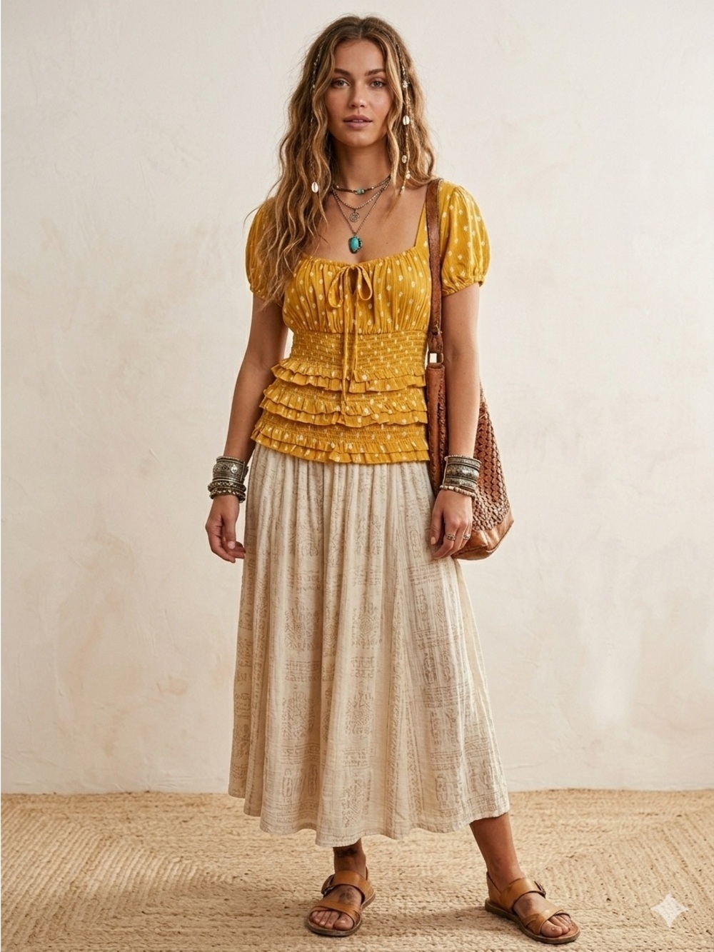 Rebellion Mustard Boho Chic Peasant Top Blouse Coastal Cowgirl - Medium